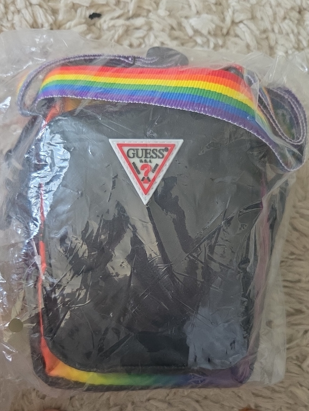 GUESS Black Belt Bag with PRIDE Rainbow Strap